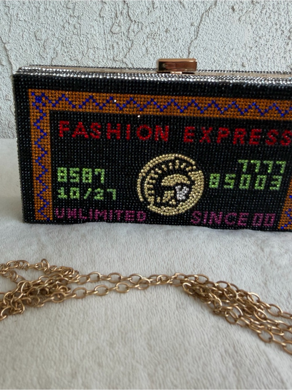 Beaded Black 'Fashion Express' Clutch with Gold Chain